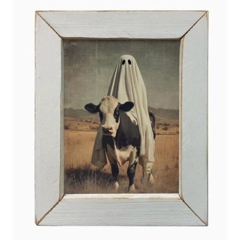 Vintage Photo of Ghost and Cow Framed Picture‎ 10x12 Spooky Farmhouse NEW
